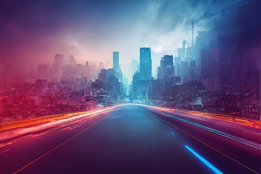 Future metropolis streets, night skyline cartoon vector with illuminated, blue and purple neon lights sci-fi city background. 3d render, Raster illustration.