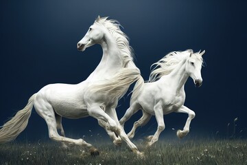 Plakat White horses, field, running horses, 3d render, Raster illustration.