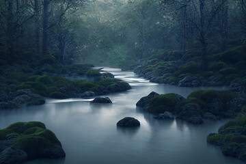 Naklejka na ściany i meble river flowing through the forest, calm moody nature background, long exposure, peaceful green environment, 3d render, 3d illustration