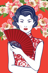 Vector of Chinese woman pop art style holding a fan on  colorful Chinese flower background. Illustration - obrazy, fototapety, plakaty