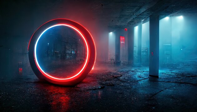 Raster illustration of portal in underground bunker. Parallel world, magical realism, technology, bomb shelter, cyberpank, metro, mud dump, post apocalypse. 3D artwork raster background