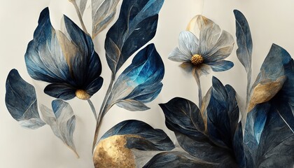 Raster illustration of seamless retro floral pattern with white blue effect. Roses, chrysanthemums, daffodils, bud, leaves on a beige background. Phytology concept. 3D artwork raster background