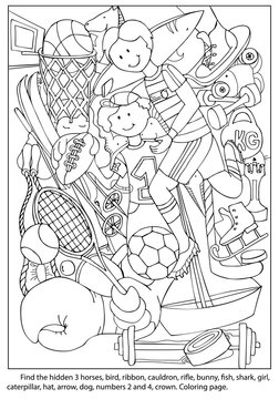 Find the hidden 3 horses, bird, shark, dog, ribbon, cauldron, rifle, bunny, fish, girl, caterpillar, hat, arrow, numbers 2 and 4, crown. Coloring page. Education worksheet for kids. Hand drawn vector.