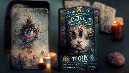 Raster illustration of magic ornament. Ancient runes, psychedelic picture, all seeing eye, Schrodingers cat, berserkers, magical realism, fortune teller. mystical concept. 3D artwork - obrazy, fototapety, plakaty