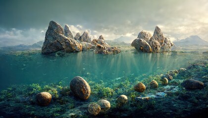 Raster illustration of stones sticking out of the sea. Coral, rocks, crystal clear blue water, ocean, sea breeze, blue lagoon, islands, mountains in the background. Beauty of nature concept. 3D atwork