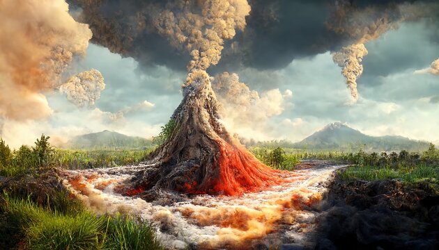 Raster illustration of beautiful volcanic eruption. Multicolor, cartoon, dima sky, dust, lava, magma, plasma, fire, apocalypse, earthquake. Beauty and power of nature. 3d rendering design