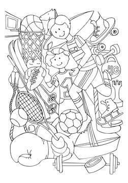 Coloring page. Different types of sports. Sport equipment. Education worksheet for kids. Hand drawn vector.