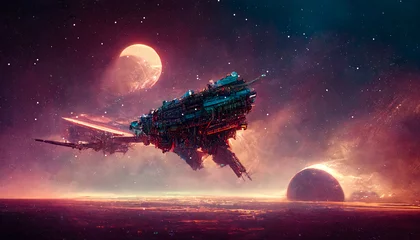 Fototapeten Raumschiff auf intergalaktischer Station, Krieg im All, Fantasy-Weltraumlandschaft. 3D-Darstellung. © Terablete