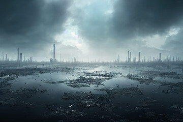 utopian climate change landscape, smoke, industrial background, power plant, 3d render, 3d illustration - obrazy, fototapety, plakaty