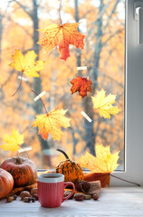 autumn background. Tea cup, pumpkins, nuts and bright maple leaves on window sill. symbol of fall...
