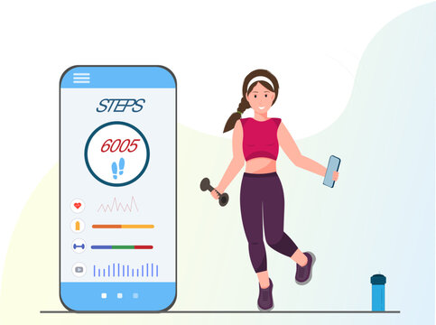 Woman using mobile app for sport trainings, online fitness concept, fitness at home concept, using a mobile application, flat vector illustration