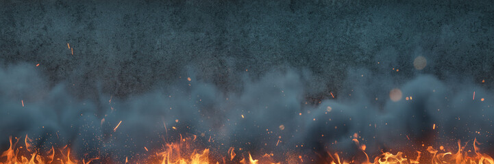 Fototapeta 3D rendering of grunge wall with uprising smoke and blazing fire obraz