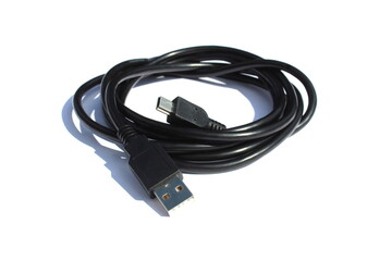 The black cable for connection lies on a white isolated background.