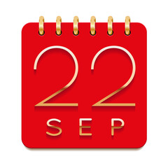 22 day of the month. September. Luxury calendar daily icon. Date day week Sunday, Monday, Tuesday, Wednesday, Thursday, Friday, Saturday. Gold text. Red paper. Vector illustration.