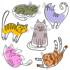 Set colored cats doodles on a white background