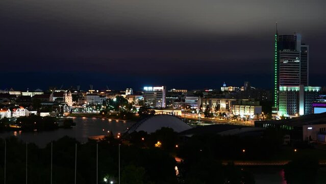 Night landscape of Minsk city center with a view of the Svisloch River, Belarus
