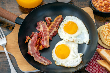 oeufs au plat et bacon dans une poêle