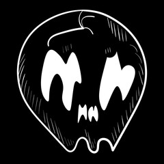 White doodle skull. Halloween icon on black background.