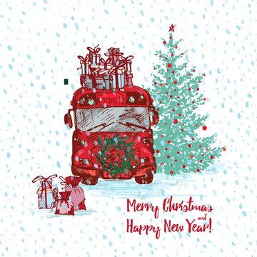 Christmas Red bus with fir tree decorated balls and gifts on roof. White snowy seamless background and text Merry Christmas and Happy New Year. Greeting card. Illustrations