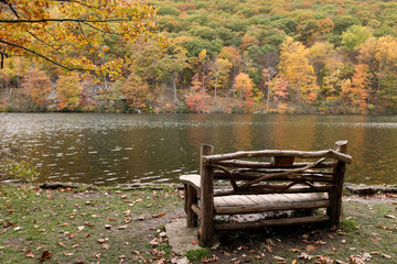United States, New York, Wooden bench in Bear Mountain park