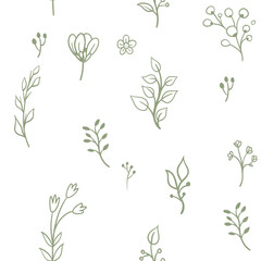 Vector leaves seamless pattern. Random plants texture background. Sketched doodles.