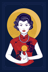 Vector of Chinese style woman holding a Mooncake on yellow full moon background with frame is combination of Chinese and Art Deco. Illustration for the Mid-Autumn Festival