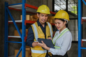 Two logistic workers are checking and preparing the product parcel cardboard box in warehouse.