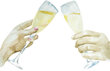 Two hands holding and toasting champagne. Watercolor illustration of a hand holding a glass of sparkling champagne to celebrate a wedding, anniversary, New Year, Valentine's day, party, event, menu. 