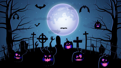 Halloween illustration with silhouettes of Halloween pumpkins, spooky tree, vintage haunted house, and bats flying over cemetery flat in moonlight
