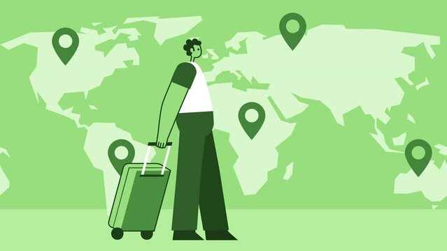 Green Style Man Flat Character Walking with Travel Suitcase on World Map Loop Animation Background