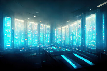 Fototapeta na wymiar room full of fantastic supercomputer data center background abstract super computer