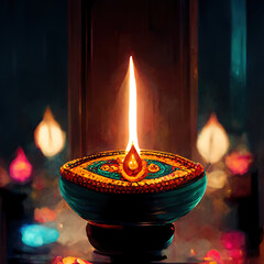 Indian hindu light Diwali festival candle with fire on dark background - obrazy, fototapety, plakaty
