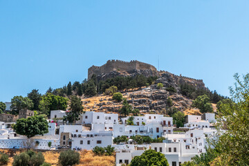 Fototapeta na wymiar Historical and popular travel destination of Lindos Acropolis in Rhodes, Greece.