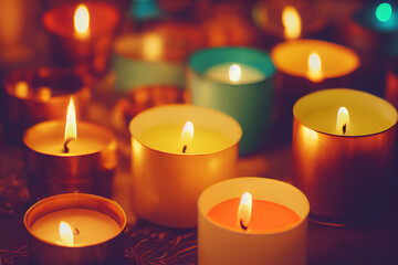 3d illustration many lights of candles in dark background