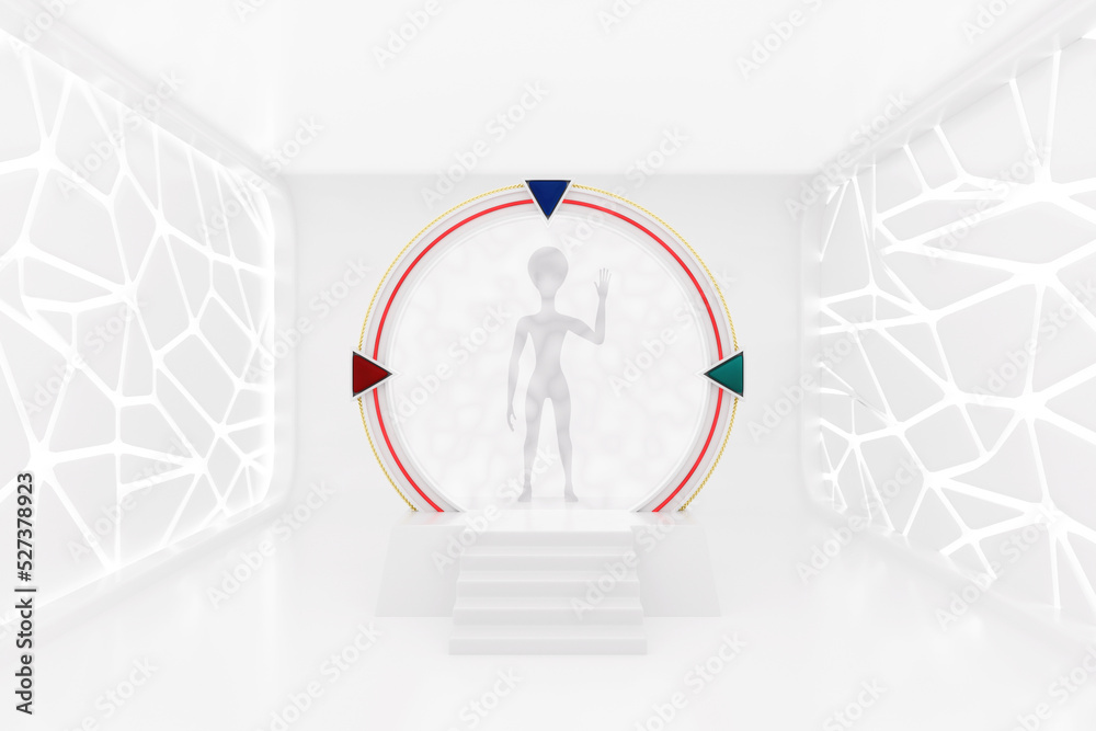 Poster Alien Character Person Silhouette Back From White Space Gate Portal to Another Worlds and Universe in Illuminated Empty Open Space, Corridor or Room Interior. 3d Rendering