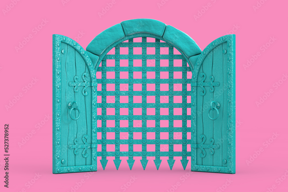 Wall mural blue medieval arch stone blocks castle gate with metal lattice in duotone style. 3d rendering