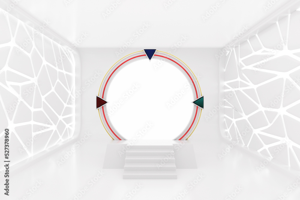 Poster White Space Gate Portal to Another Worlds and Universe in Illuminated Empty Open Space, Corridor or Room Interior. 3d Rendering