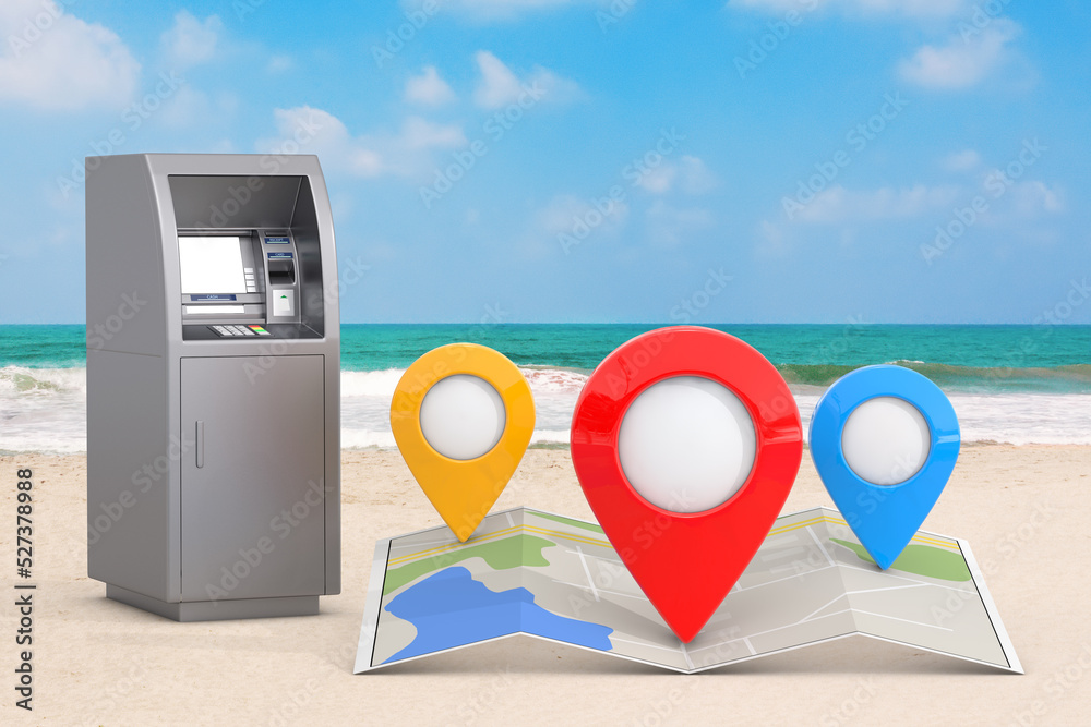 Leinwandbilder business technology concept. atm deposit machine and folded abstract navigation map with three targe