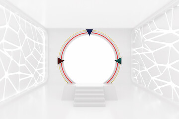 White Space Gate Portal to Another Worlds and Universe in Illuminated Empty Open Space, Corridor or Room Interior. 3d Rendering