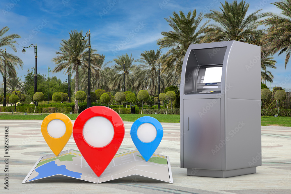 Poster business technology concept. atm deposit machine and folded abstract navigation map with three targe