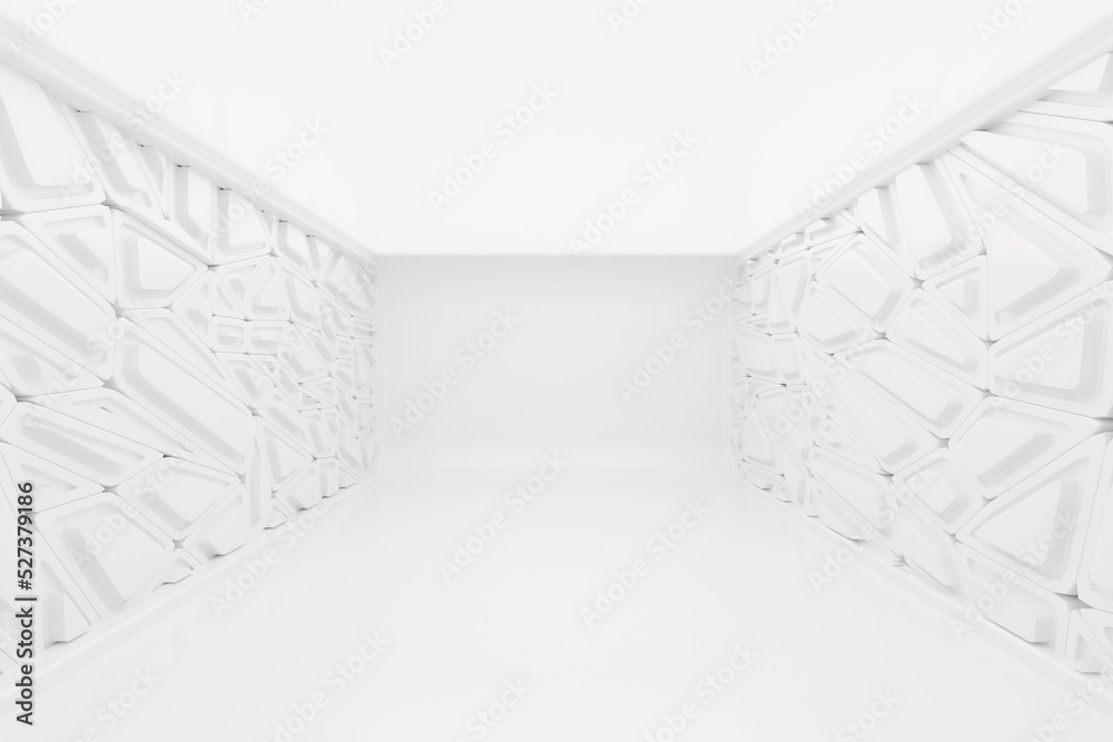 Poster Illuminated Empty Open Space, Corridor or Room Interior, White Abstract Modern Architecture Background. 3d Rendering