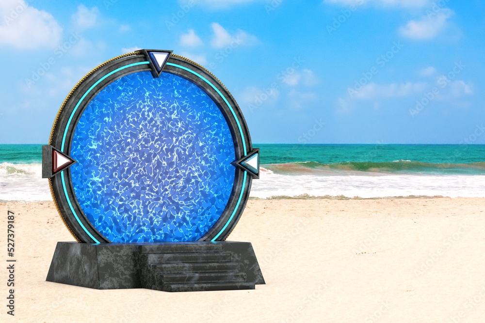 Aufkleber stone space gate portal to another worlds and universe on an ocean or sea sand beach. 3d rendering
