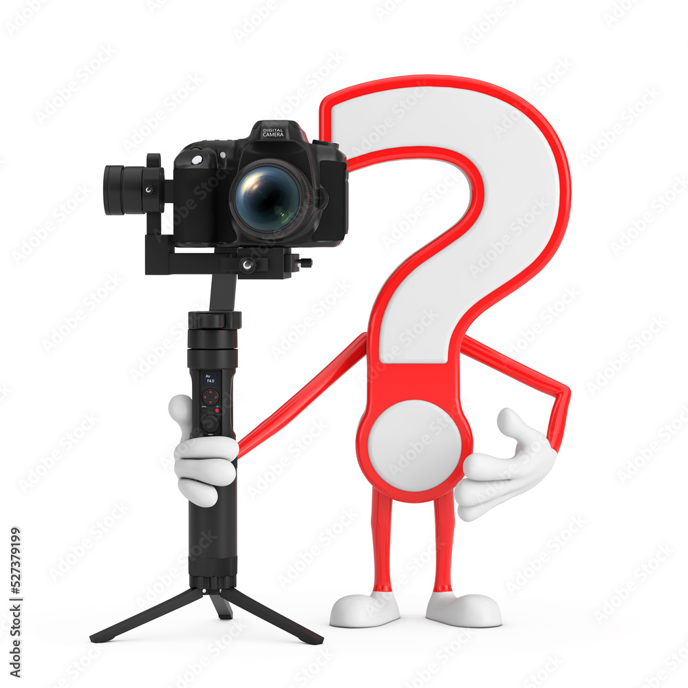 Aufkleber question mark sign cartoon character person mascot with dslr or video camera gimbal stabilization tr