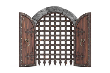 Medieval Arch Stone Blocks Castle Gate with Metal Lattice. 3d Rendering