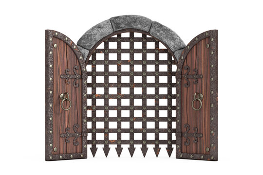 Medieval Arch Stone Blocks Castle Gate with Metal Lattice. 3d Rendering