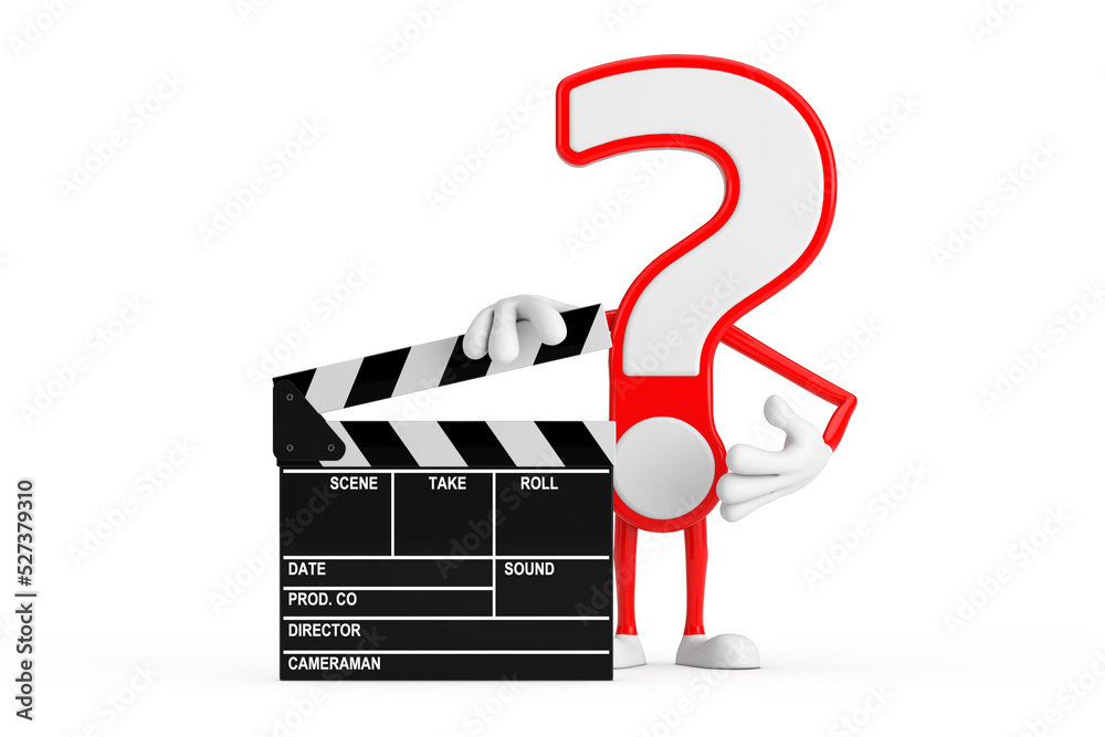 Poster question mark sign cartoon character person mascot with movie clapper board. 3d rendering