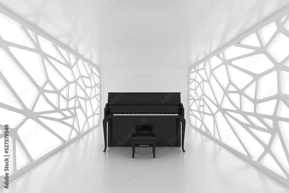 Poster Abstract Black Piano in Illuminated White Abstract Empty Open Space, Corridor or Room Interior. 3d Rendering