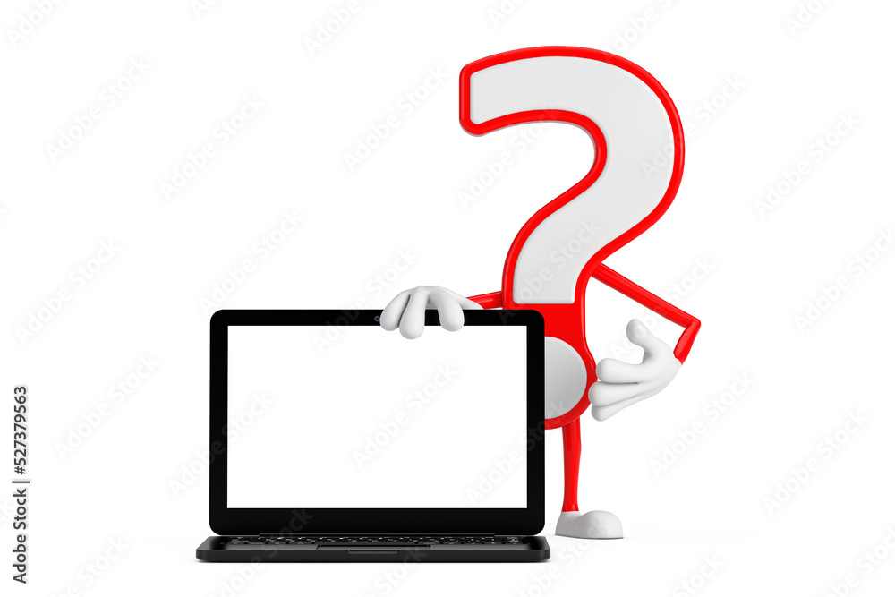 Aufkleber question mark sign cartoon character person mascot with modern laptop computer notebook and blank sc