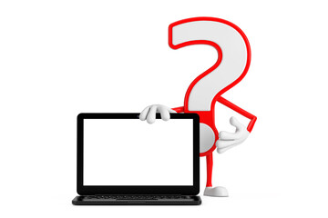 Question Mark Sign Cartoon Character Person Mascot with Modern Laptop Computer Notebook and Blank Screen for Your Design. 3d Rendering