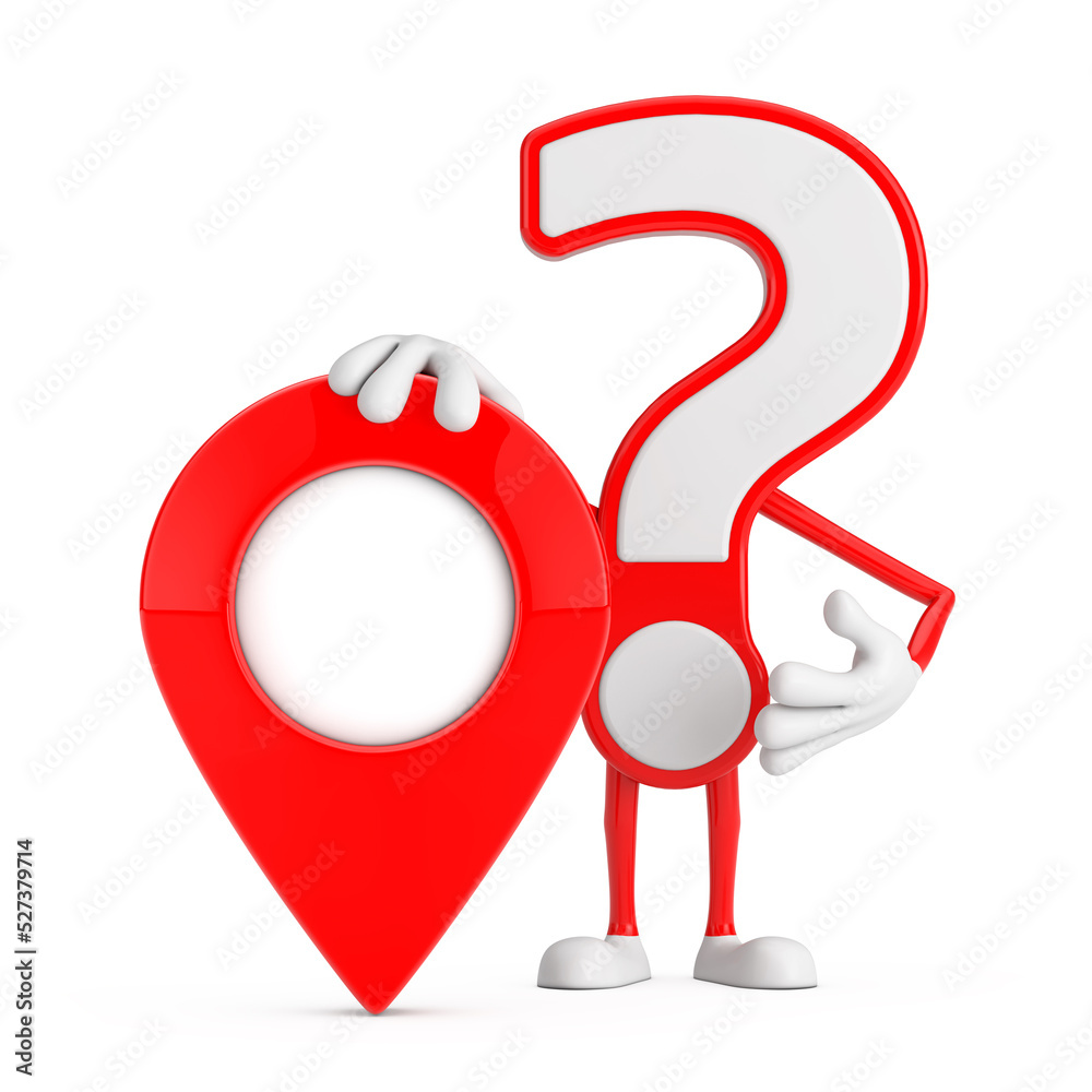Poster question mark sign cartoon character person mascot with red map pointer target pin. 3d rendering